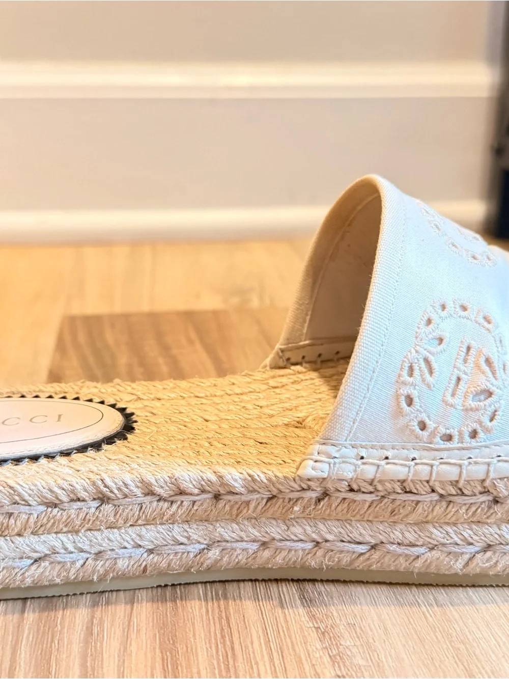 Gucci Cream Espadrille Slide with Woven Jute Platform